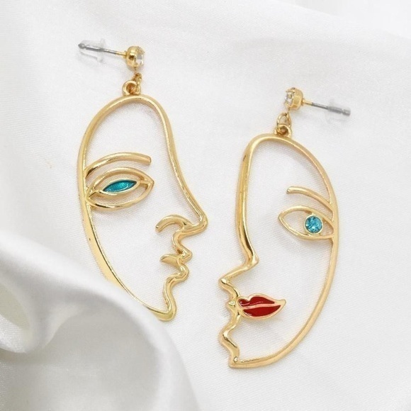 Gold Abstract Face Earrings - Picture 1 of 4